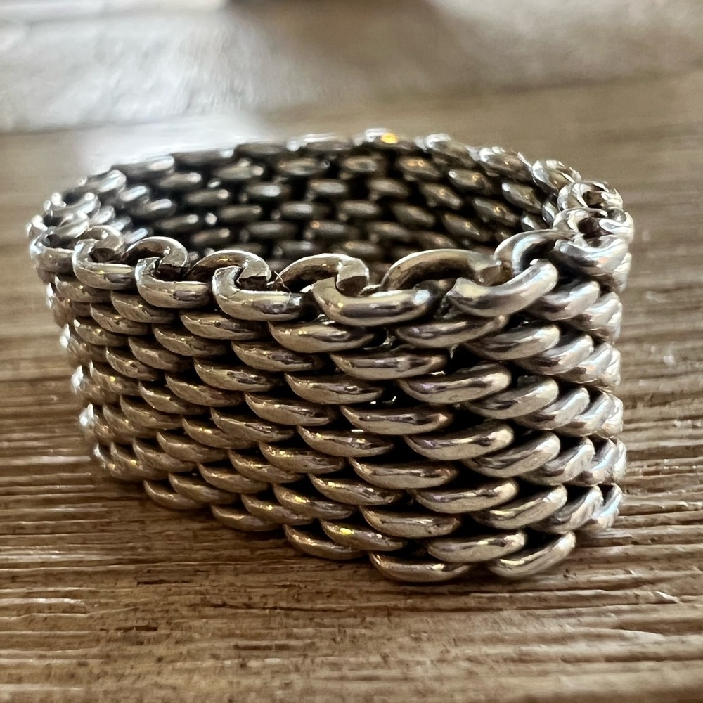 Tiffany & Co. Sterling Silver Mesh Chain Wide Band Ring 925 Size 8